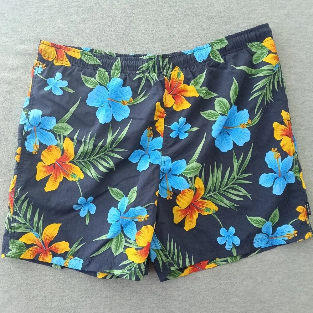 Nautica Mens XL Swim Trunks Navy Blue Tropical Hibiscus Floral Mesh Lined